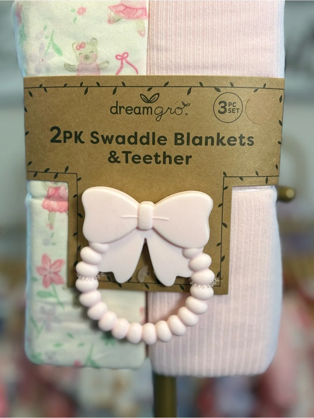 Pink Baby Swaddle Set with Bow Teether - 3PC